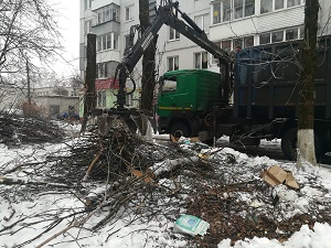 Кронирование деревьев с вывозом веток у дома по улице Авиационная 16